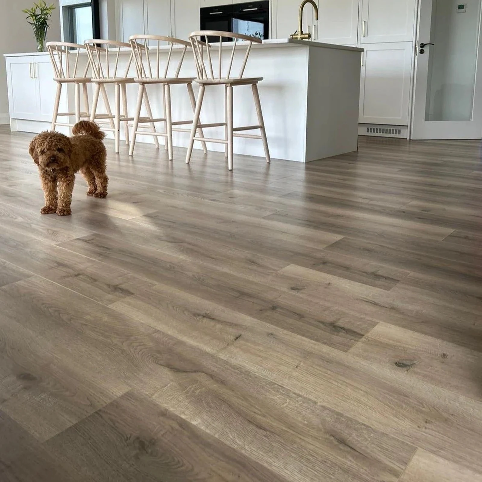 Bright white kitchen with new luxury vinyl plank flooring installed by Pro Vinyl Flooring in Clearwater, FL